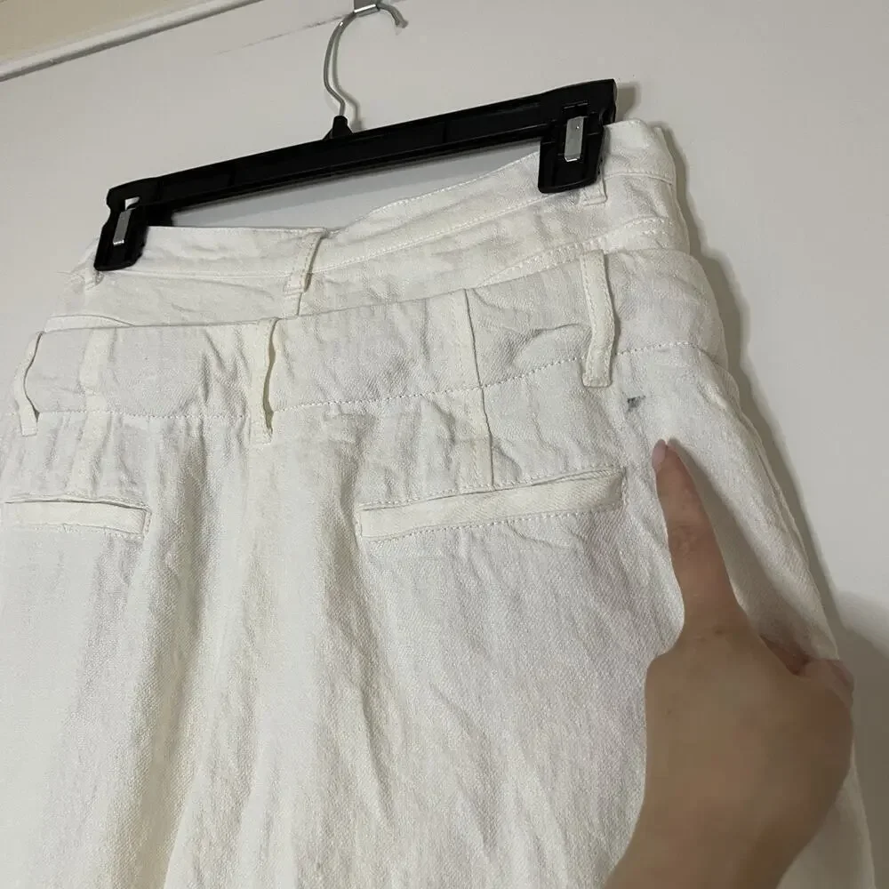 Zara Double Waistband linen blend off white ivory wide leg pants small